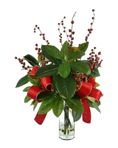 Creative Displays Green Magnolia Leaf And Red Berry Holiday Floral Arrangement In Gray