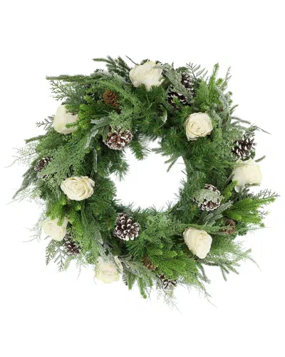 Creative Displays Handcrafted 27in Evergreen Wreath Arranged With Rose In Multi