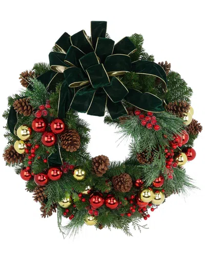 Creative Displays Handmade 32in Christmas Holiday Wreath With Ornaments & Velvet Bow In Green
