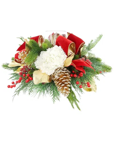 Creative Displays Handmade Christmas Candleholder With Hydrangeas & Velvet Bows In Multi