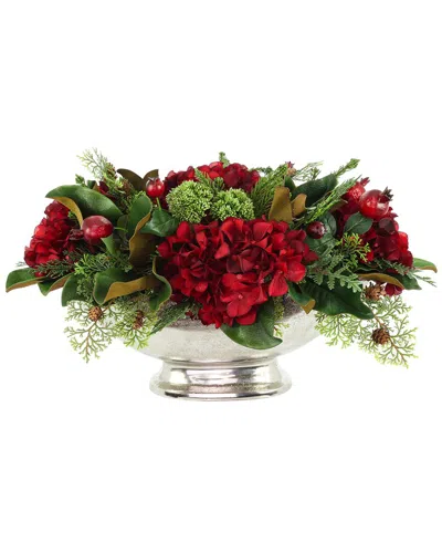 Creative Displays Handmade Christmas Holiday Centerpiece With Hydrangeas & Magnolia Leaves In Metal  In Multi
