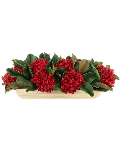 Creative Displays Handmade Classic Holiday Centerpiece With Hydrangeas & Magnolia Leaves In Red