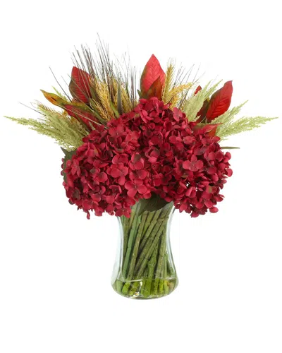 Creative Displays Handmade Fall Hydrangea & Magnolia Leaf Arrangement In Glass Vase In Red