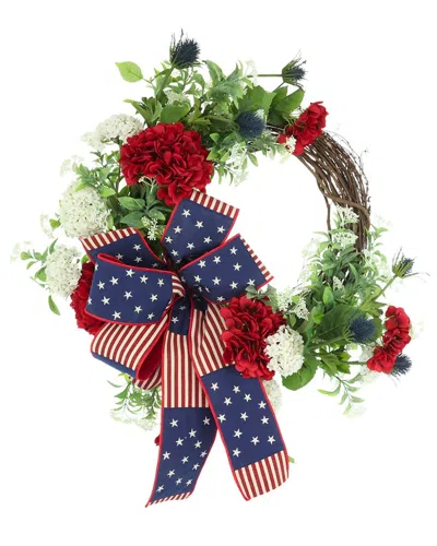 Creative Displays Handmade Faux 26in Americana Wreath With Hydrangeas & Ribbon In Multi