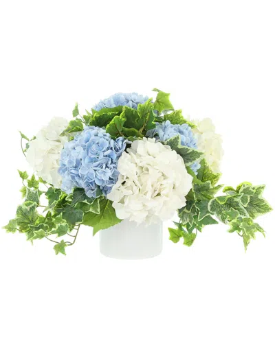 Creative Displays Handmade Faux Assorted Hydrangeas & Variegated Ivy In  Fiberstone Pot In White