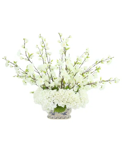 Creative Displays Handmade Faux Cherry Blossom & Hydrangea Arrangement In  Ceramic Vase In White
