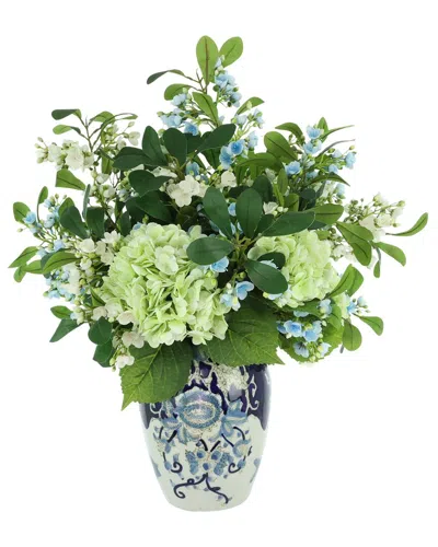 Creative Displays Handmade Faux Hydrangeas & Budding Stems In Decorative Vase In Green