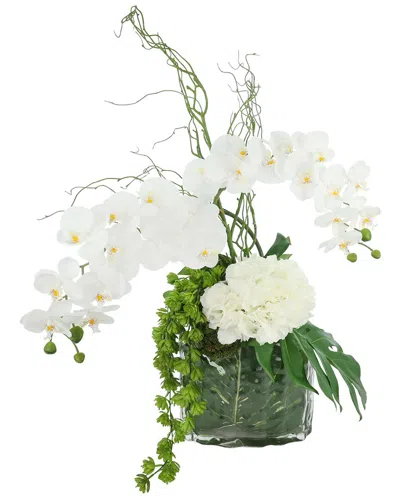 Creative Displays Handmade Faux Orchids Arranged With Hydrangea, Succulents & Philodendron Leaves In White