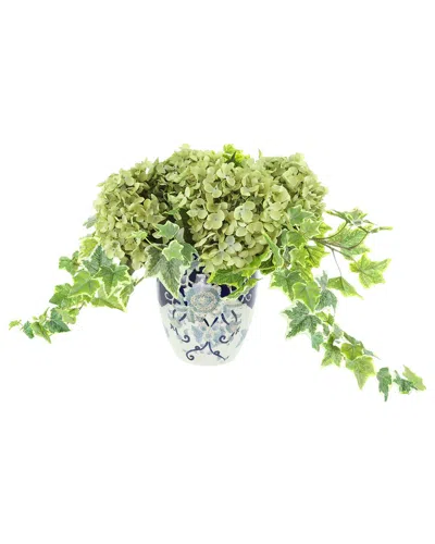Creative Displays Handmade Faux Variegated Ivy & Hydrangea In Decorative Vase In Green