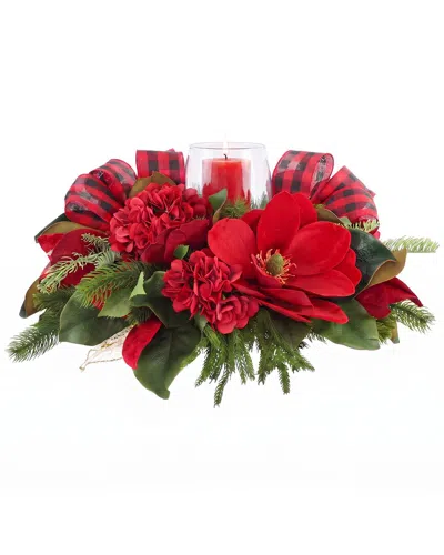 Creative Displays Handmade Modern Farmhouse Holiday Candleholder With  Magnolias & Buffalo Plaid Bow In Red