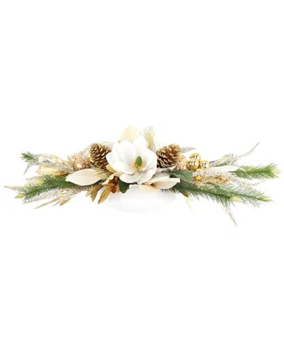 Creative Displays Handmade Modern Holiday Arrangement With Magnolias &  Pinecones In Green