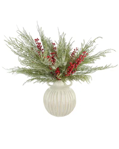 Creative Displays Handmade Modern Holiday Centerpiece With Cedar & Berries In White