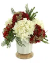 Creative Displays Holiday Arrangement With Red Hydrangeas & Evergreen In White