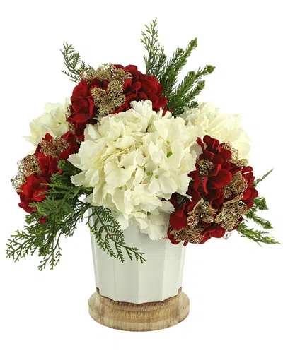 Creative Displays Holiday Arrangement With Red Hydrangeas & Evergreen In White