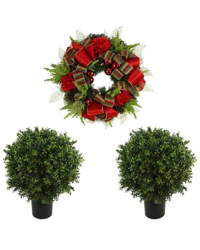 Creative Displays Holiday Set With 26in Christmas Wreath & 2 Uv-rated Boxwood Topiary Drop-ins In Red