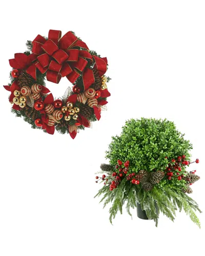 Creative Displays Holiday Set With 26in Christmas Wreath & Uv-rated Boxwood Topiary In Red