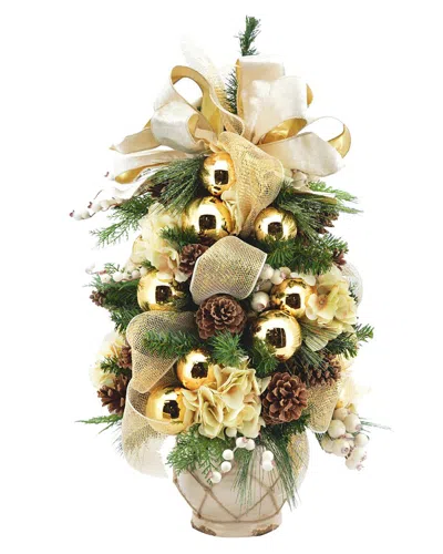 Creative Displays Holiday Tree With Cream Hydrangeas, Gold Ornaments And Bows In A Ceramic Pot