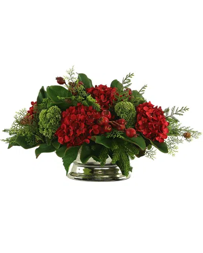 Creative Displays Hydrangea Holiday Arrangement In A Metal Pot With Cedar In Green