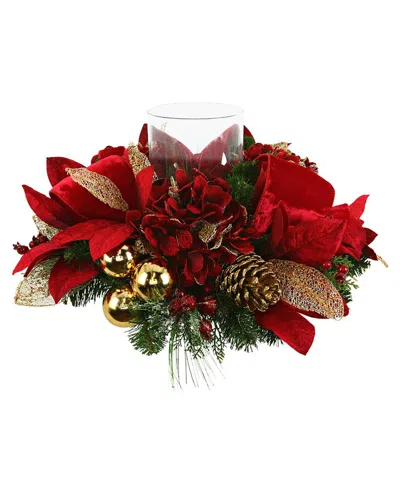 Creative Displays Magnolia Leaf Christmas Candleholder With Hydrangeas In Red