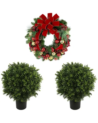 Creative Displays Modern Christmas Set With 26in Holiday Wreath & 2 Uv-rated Boxwood Drop-ins In Red