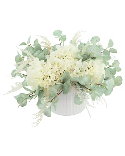 Creative Displays Modern Faux Floral With White Hydrangeas & Eucalyptus In Green