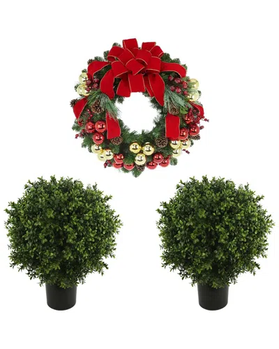 Creative Displays Modern Holiday Set With 26in Christmas Wreath & 2 Uv-rated Boxwood Drop-ins In Red