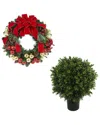 Creative Displays Modern Holiday Set With 26in Christmas Wreath & Uv-rated Boxwood Drop-in In Red