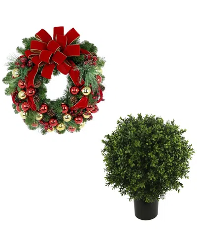 Creative Displays Modern Holiday Set With 26in Christmas Wreath & Uv-rated Boxwood Drop-in In Red