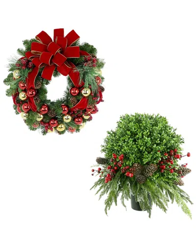 Creative Displays Modern Holiday Set With 26in Christmas Wreath & Uv-rated Boxwood Drop-in In Red