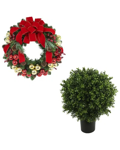 Creative Displays Modern Holiday Set With 26in Christmas Wreath & Uv-rated Boxwood Drop-in In Red