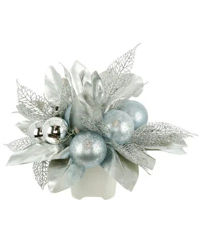 Creative Displays Ornament Holiday Arrangement With Glittery Leaves In A Ceramic Vase In Blue