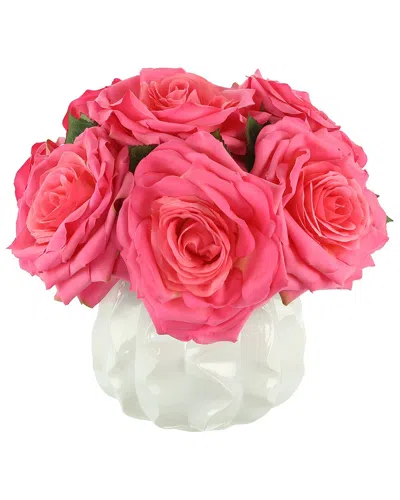 Creative Displays Pink Roses Arranged In A White Wavy Glass Vase In Multi