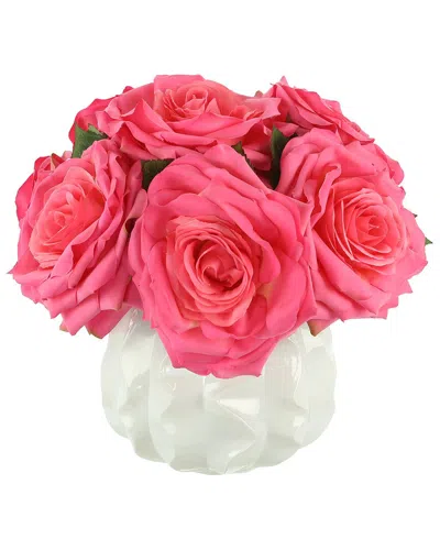 Creative Displays Pink Roses Arranged In A White Wavy Glass Vase
