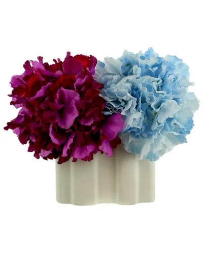 Creative Displays Purple & Blue Hydrangeas Arranged In A Decorative White Ceramic Vase