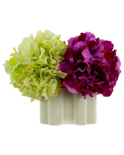 Creative Displays Purple & Green Hydrangeas Arranged In A Decorative White Ceramic Vase