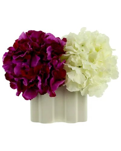 Creative Displays Purple & White Hydrangeas Arranged In A Decorative White Ceramic Vase