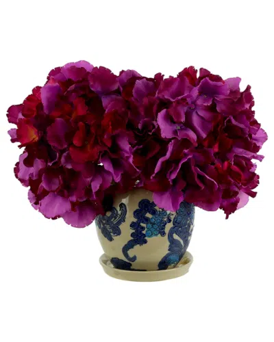 Creative Displays Purple Hydrangeas Arranged In A Blue & White Ceramic Pot