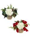 Creative Displays Set Of 2 Christmas Holiday Arrangements With Hydrangeas & Bows In White