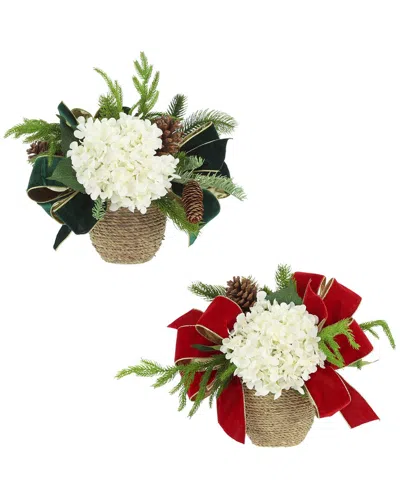 CREATIVE DISPLAYS CREATIVE DISPLAYS SET OF 2 CHRISTMAS HOLIDAY ARRANGEMENTS WITH HYDRANGEAS & BOWS
