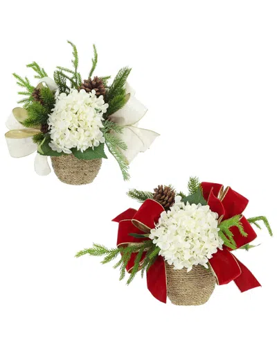 Creative Displays Set Of 2 Christmas Holiday Arrangements With Hydrangeas & Bows In White