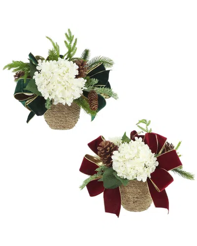 Creative Displays Set Of 2 Christmas Holiday Arrangements With Hydrangeas & Bows In White