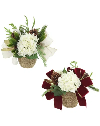 Creative Displays Set Of 2 Christmas Holiday Arrangements With Hydrangeas & Bows In White