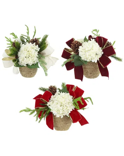 Creative Displays Set Of 3 Christmas Holiday Arrangements With Hydrangeas & Bows In White