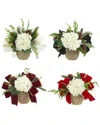 Creative Displays Set Of 4 Christmas Holiday Arrangements With Hydrangeas & Bows In White