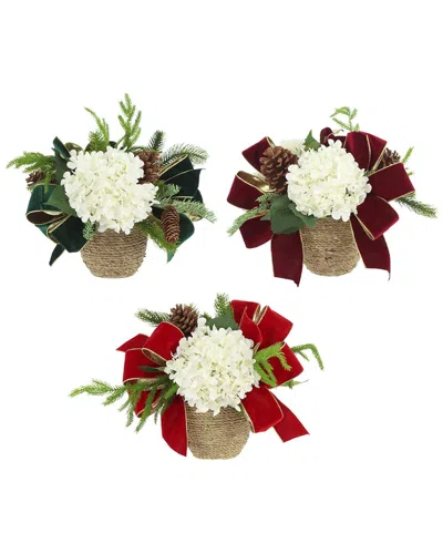 Creative Displays Set Of 3 Christmas Holiday Arrangements With Hydrangeas & Bows In White