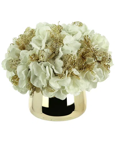 Creative Displays White And Gold Hydrangea Holiday Arrangement In A Glass Vase In Green