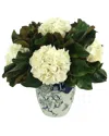Creative Displays White Hydrangea And Magnolia Leaf Arrangement In A Decorative Ceramic Vase In White