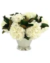 Creative Displays White Hydrangea And Magnolia Leaf Arrangement In A Silver Metal Vase In White