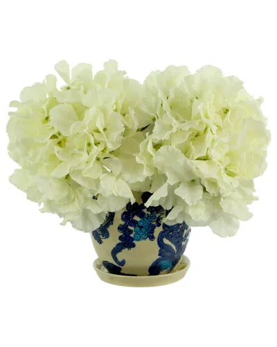 Creative Displays White Hydrangeas Arranged In A Blue & White Ceramic Pot