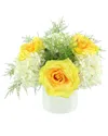 CREATIVE DISPLAYS CREATIVE DISPLAYS YELLOW ROSES, WHITE HYDRANGEAS & GREEN FERNS ARRANGED IN A  FIBERSTONE POT